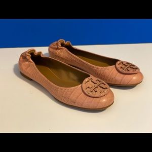 TORY BURCH REVA PINK CROC LEATHER EMBOSSED BALLET